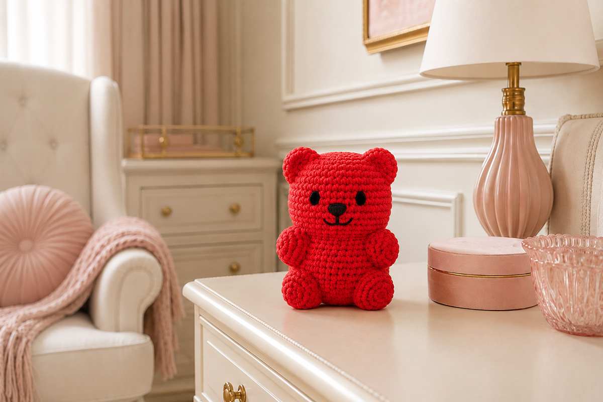 Finished colorful crochet gummy bear with rounded body tiny ears short arms and stubby legs