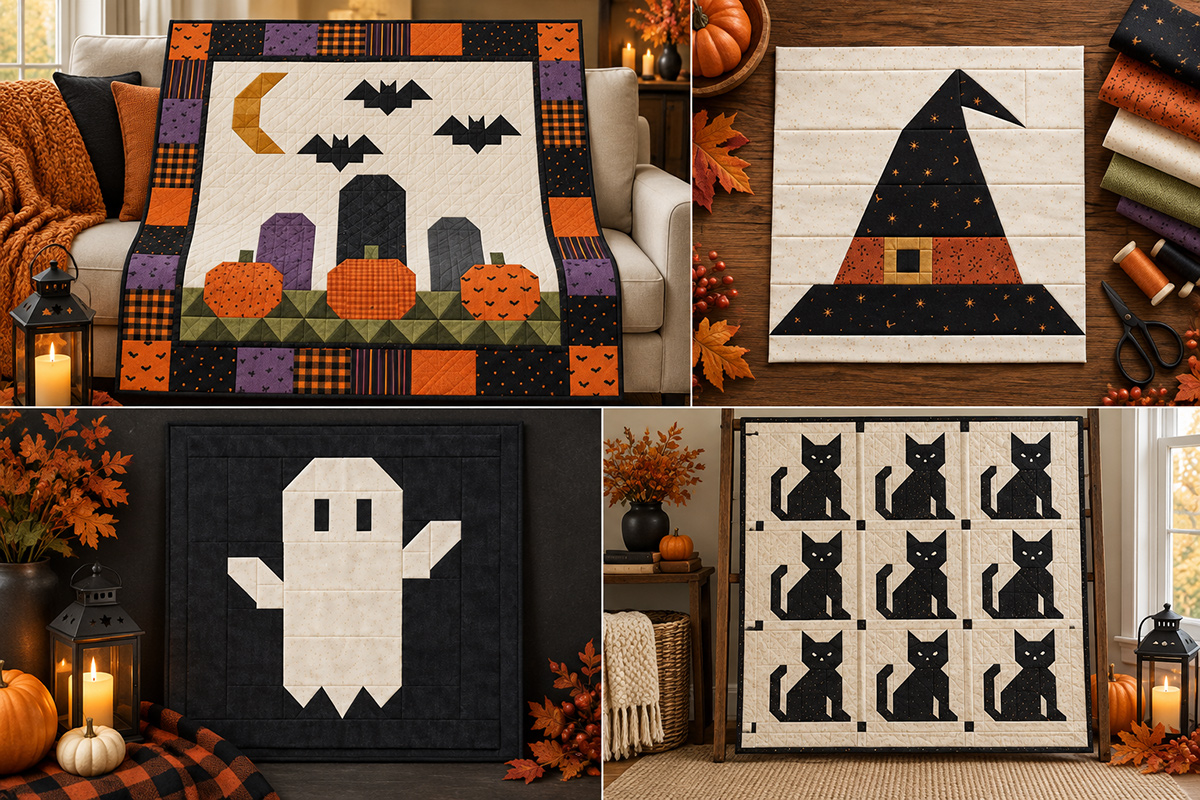 Free Halloween quilt patterns featuring a spooky graveyard quilt with bats and pumpkins, a pieced witch hat block, a white ghost block, and a black cat patchwork quilt