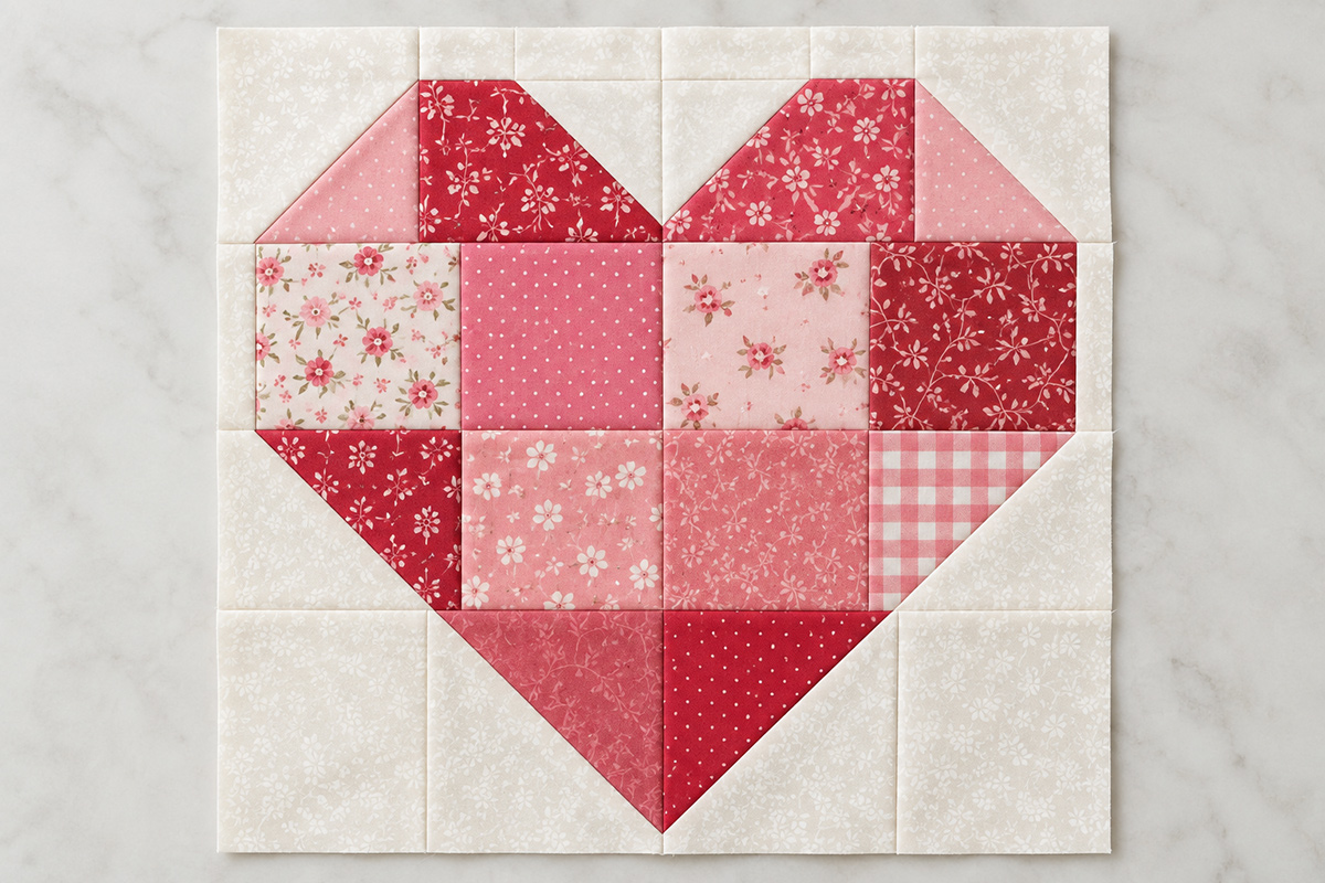 Finished 12 inch pieced heart quilt block in pink and red fabrics on a warm white background for the free heart quilt block pattern