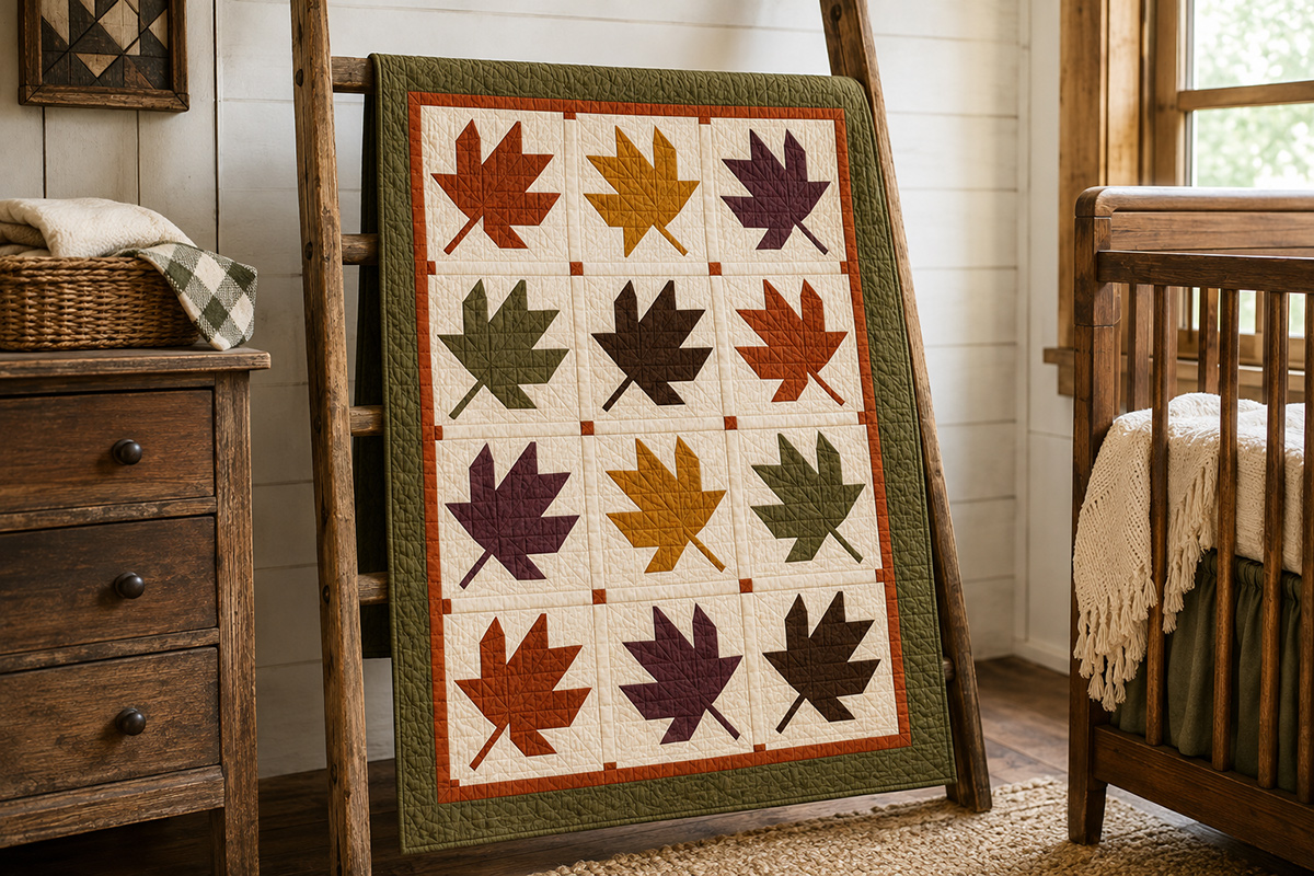 Pieced maple leaf baby quilt in rust mustard olive plum and brown fall colors for an autumn nursery