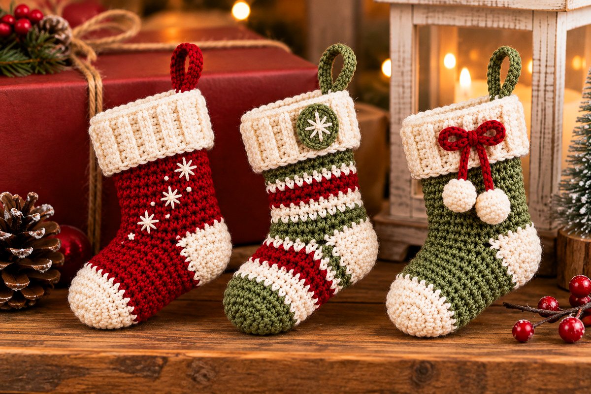 Three finished mini crochet Christmas stockings with ivory ribbed cuffs, cranberry stocking with embroidered snowflakes, red sage and ivory striped stocking, and sage stocking with red bow and ivory pom-poms for the free mini crochet Christmas stocking pattern