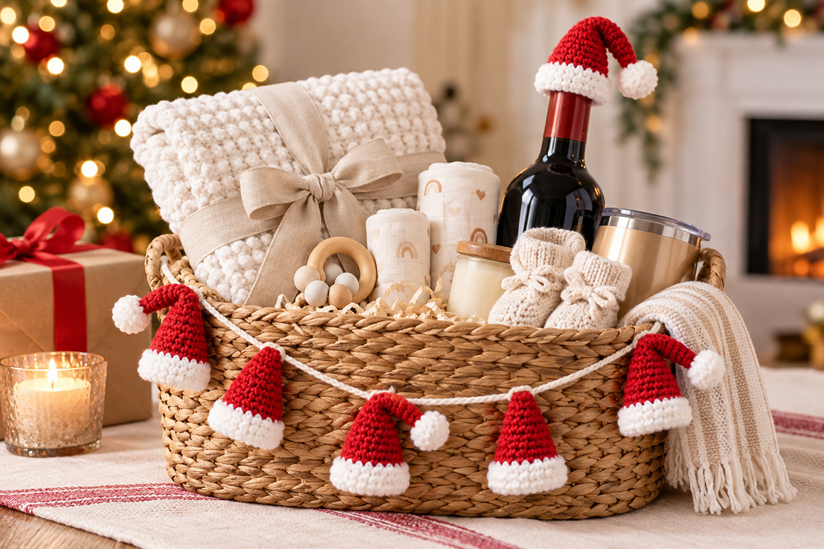 Finished mini crochet Santa hat with tapered red cap white crocheted brim and small white yarn pom-pom