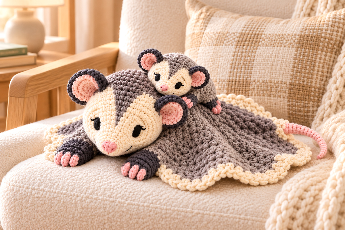 Crochet mama opossum lovey with embroidered eyes baby permanently riding on her back and a thin curved pink tail for the free opossum crochet pattern