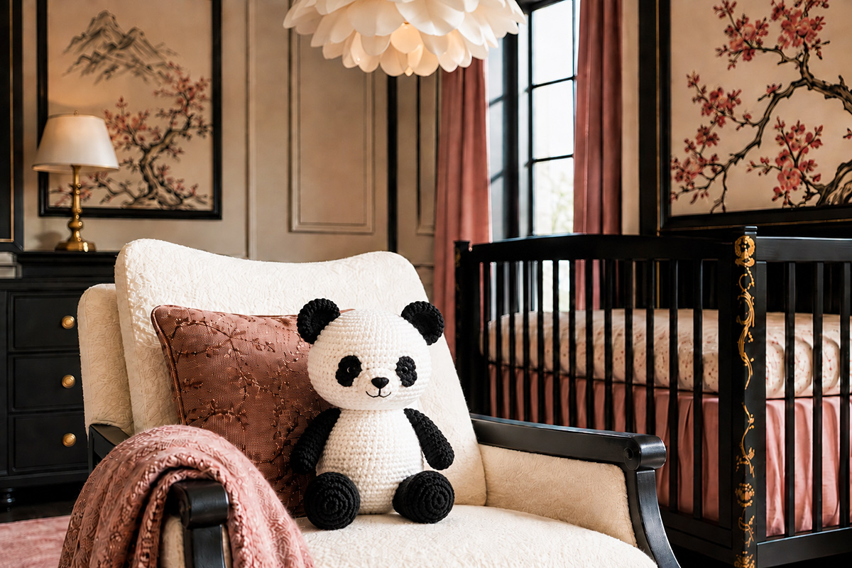 Finished black and white crochet panda bear with round ears eye patches arms and legs
