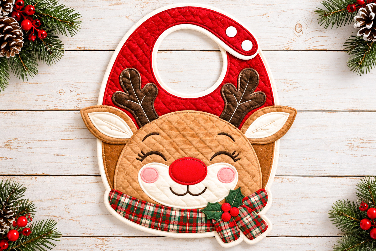 Finished quilted red-nosed reindeer baby bib with caramel fabric applique face cream muzzle embroidered closed eyes brown antlers and narrow Christmas plaid scarf with holly