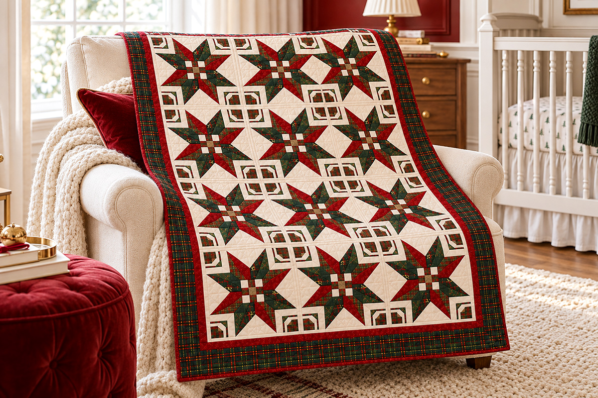 Hearthlight Star Christmas quilt draped over a nursery armchair with three stars across, cranberry and evergreen patchwork points, checkerboard centers, clipped corner frames and plaid border