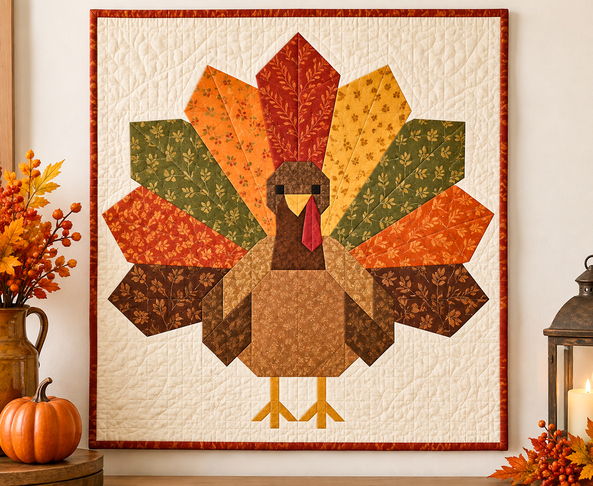 Finished turkey quilt wall hanging with oversized pieced fan tail in rich autumn colors simple brown turkey body warm white background and narrow binding