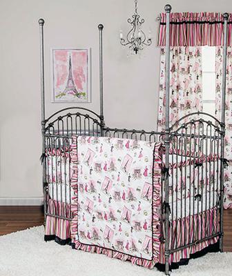 French baby girl pink, black and aqua crib bedding with French poodles, polka dots and Eiffel Tower fabrics. 