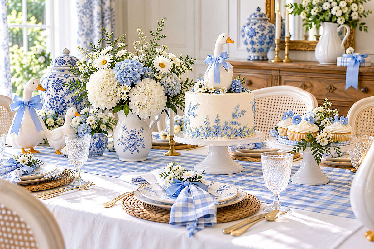Elegant French Country goose baby shower in white and periwinkle blue with porcelain and gingham details