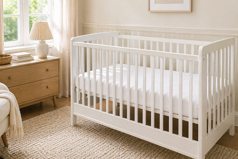 Fresh crib sheet change with mattress aired out and ready for use