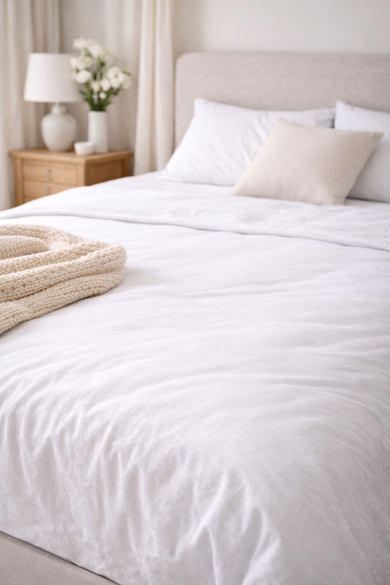 High end editorial bedroom with a freshly remade bed after mattress odor cleanup