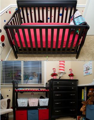 The Dr. Seuss patchwork quilt that I made draped on the end of the baby's crib and a peek of the polka dot nursery wall.  