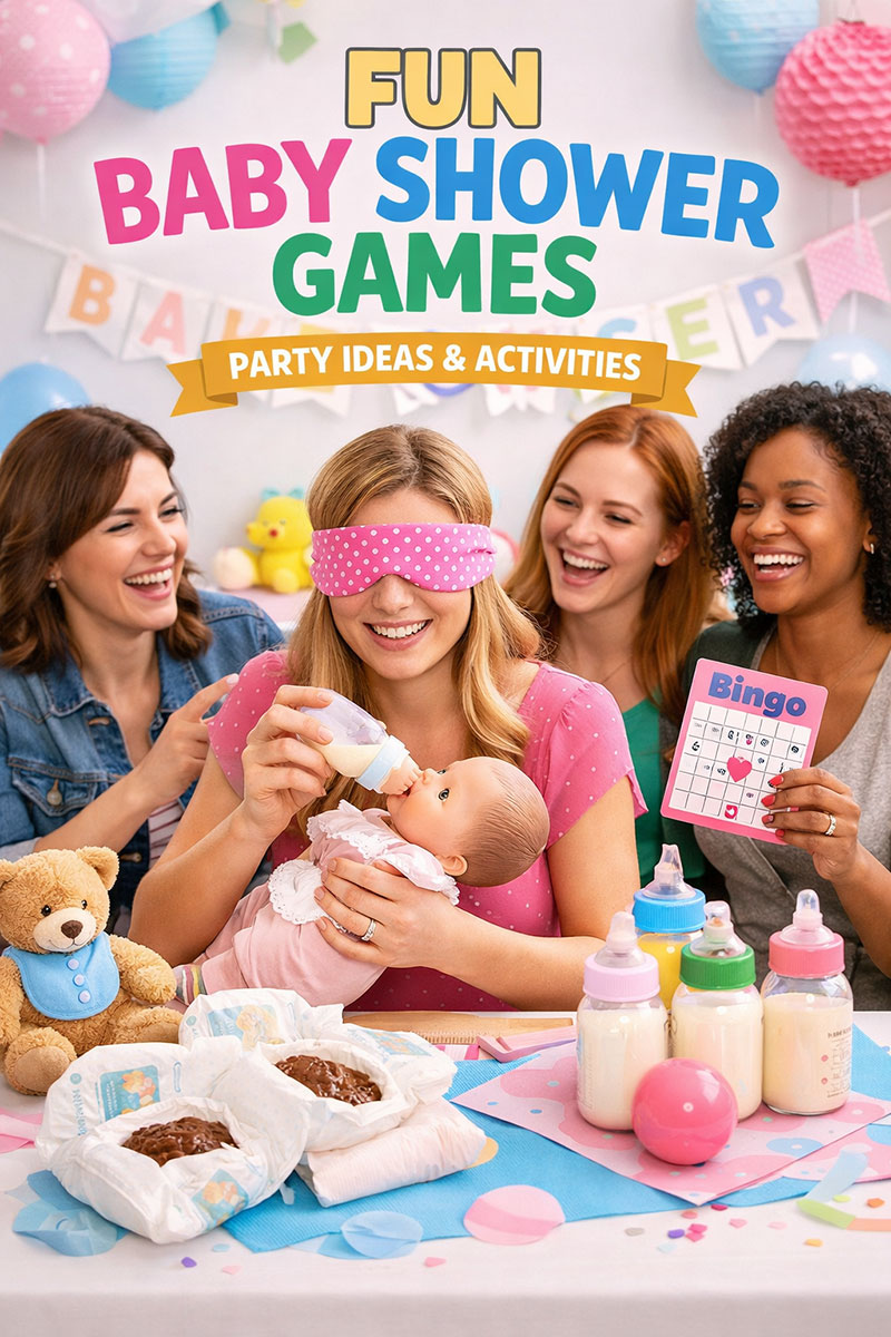 Guests playing fun baby shower games at a modern celebration with prizes and decorations