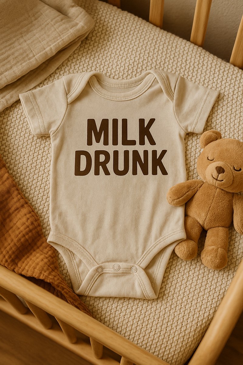 funny baby onesie saying milk drunk styled with cozy blankets and warm nursery tones