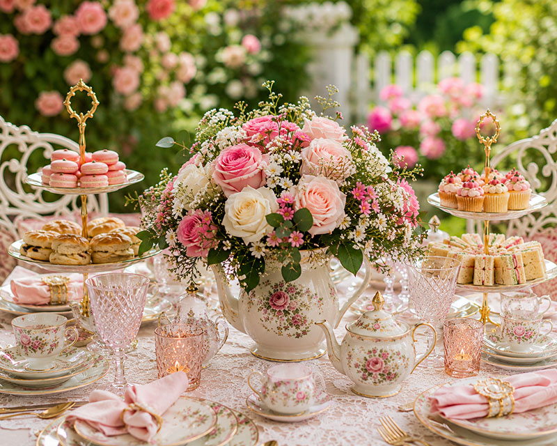 Garden tea party decorations for baby showers with vintage china, layered table settings and outdoor entertaining details
