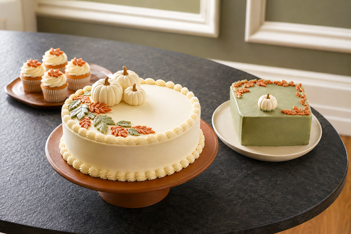Gender-neutral fall baby shower cakes with sage, terracotta, ivory, white pumpkins and harvest decorations