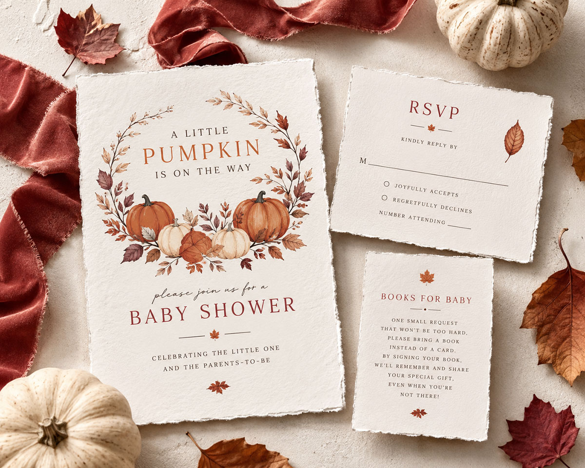 Gender-neutral fall baby shower invitation suite in terracotta, ivory, cocoa brown and muted cranberry with a pumpkin wreath and deckled paper