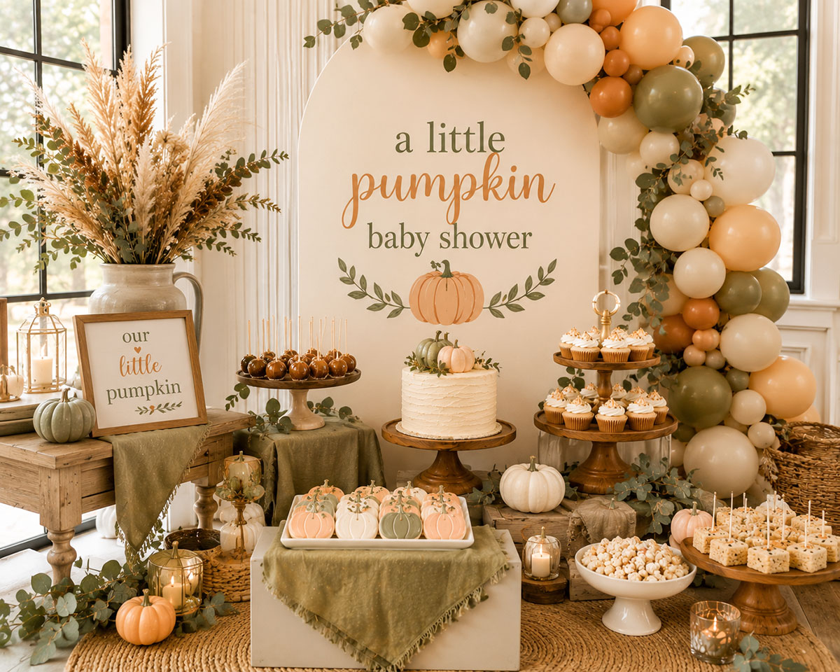 Gender neutral Little Pumpkin baby shower with white pumpkins, sage accents and coordinated table settings