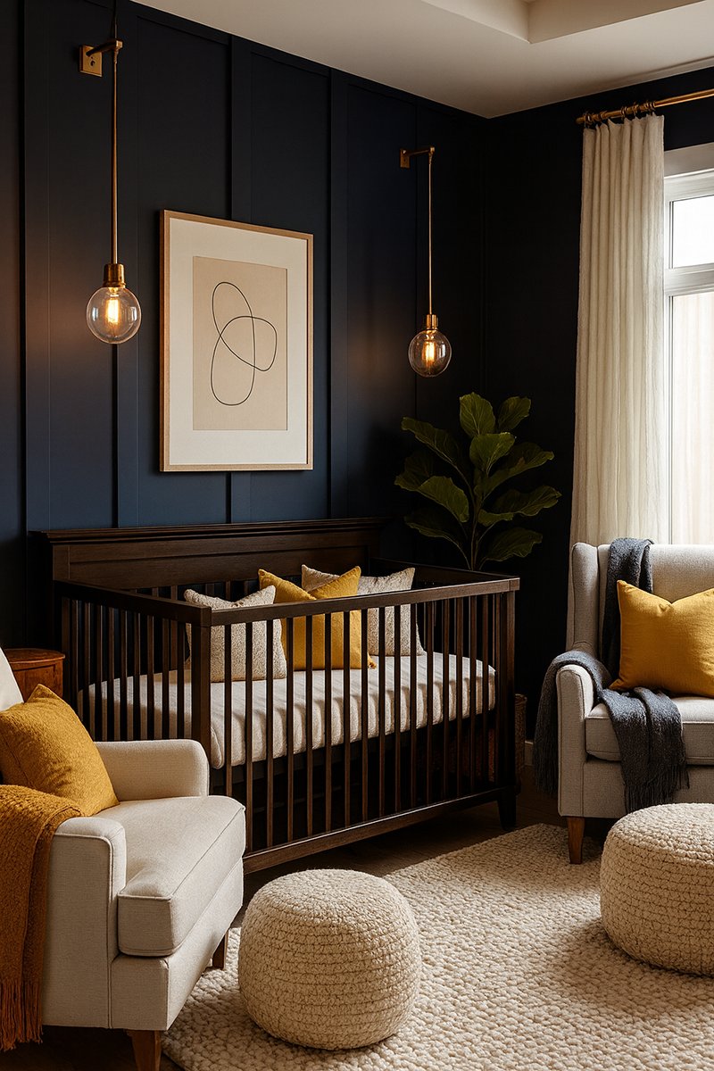 Gender neutral navy blue nursery with soft gold decor accents