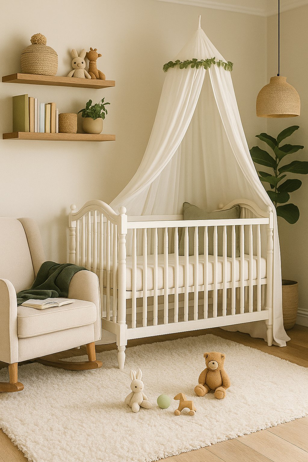 Wood floating shelves displaying neutral baby decor and greenery in a gender neutral nursery