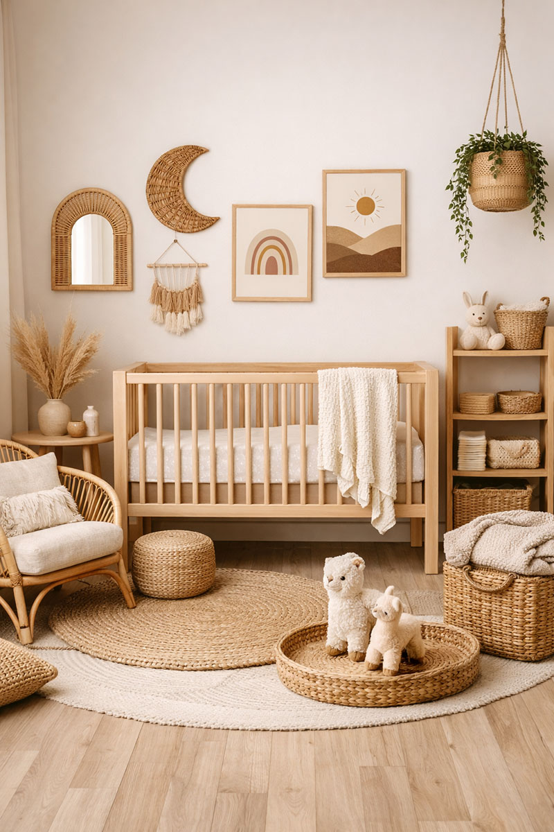 Gender neutral nursery with soft earth tones, light wood crib, neutral textiles, and simple wall art