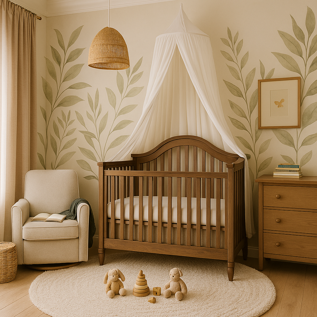 Modern gender neutral nursery decorated in sage green and natural wood with soft textiles and leafy wall art