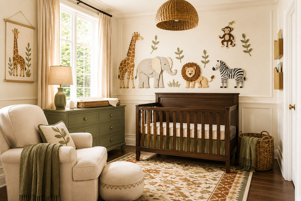 Gender-neutral jungle safari nursery with handmade animal wall decorations in tan, brown, green, and antique white