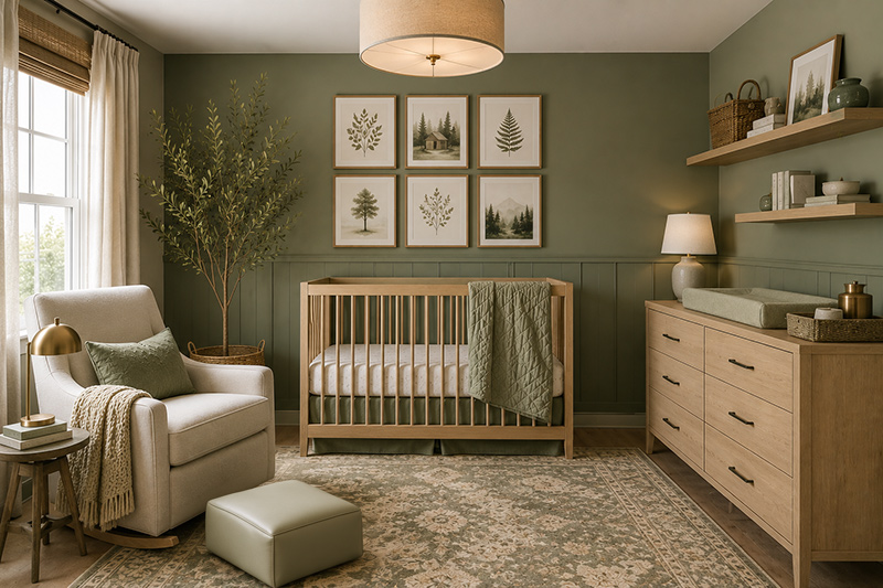 Gender neutral sage green nursery with balanced colors and practical nursery furniture