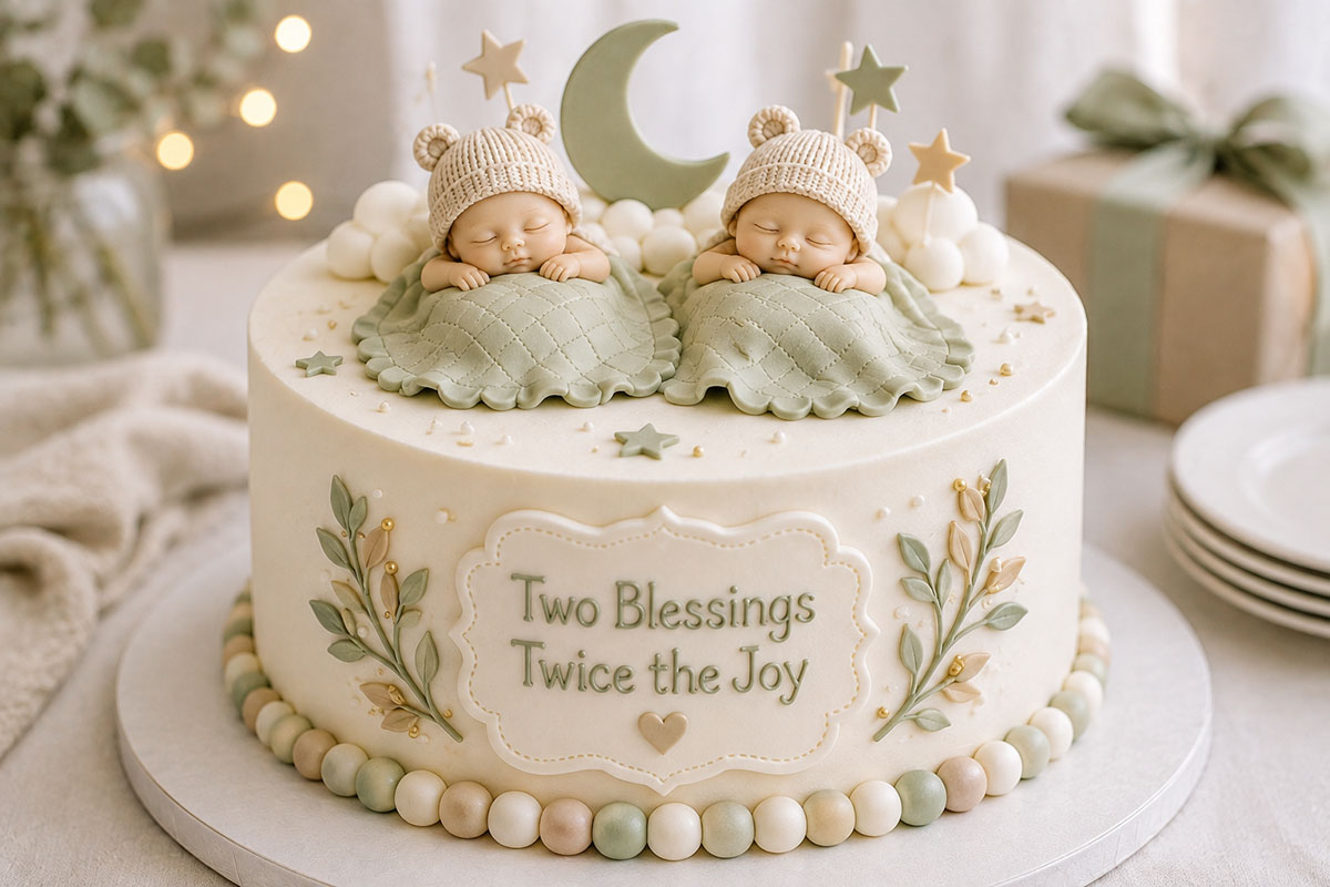 Gender-neutral twin baby shower cake in sage, cream and muted gold with paired decorations