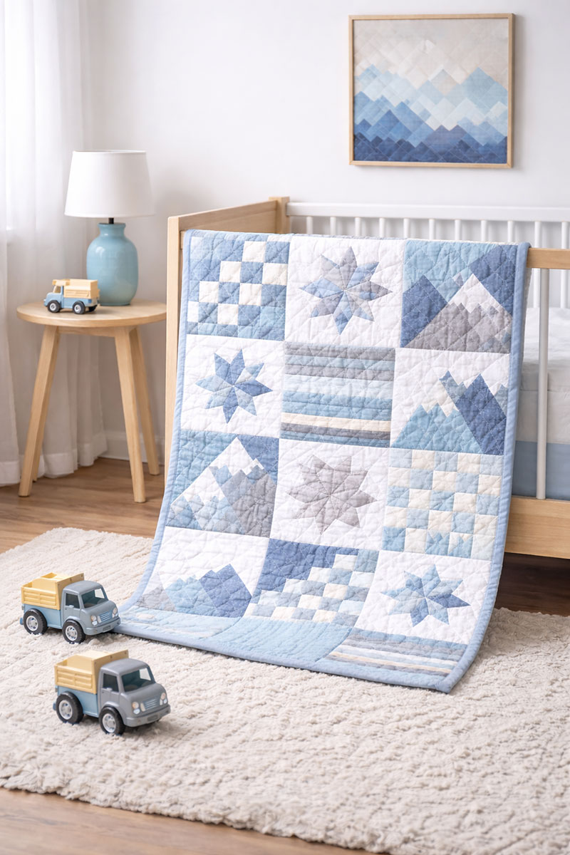Geometric baby boy crib quilt in soft blue and gray modern nursery