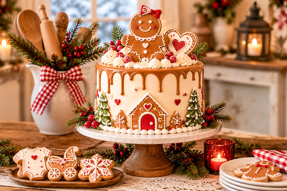 Elegant gingerbread baby shower cake with ivory frosting, soft caramel icing drips, one smiling gingerbread baby topper and a few decorated baby-themed cookies