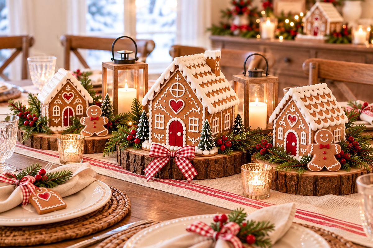 Rustic gingerbread baby shower guest table with three white iced gingerbread houses on wood slice stands, red gingham ribbon, ivory place settings and candlelit accents