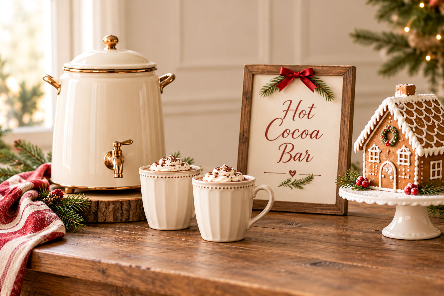 Elegant gingerbread baby shower hot cocoa bar with cream and gold beverage dispenser, two white mugs, framed Hot Cocoa Bar sign and one decorated gingerbread house