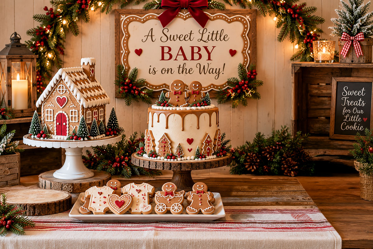 Elegant bakery-style gingerbread baby shower dessert table with centered ivory cake, separate cookie platter, cupcake stand and simple cream and burgundy decorations arranged with generous space