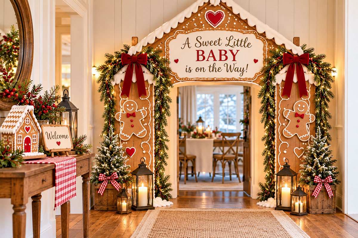 Large gingerbread house-style baby shower entryway arch with cream icing trim, deep red bows, gingerbread figures, baby welcome message and open doorway for guests