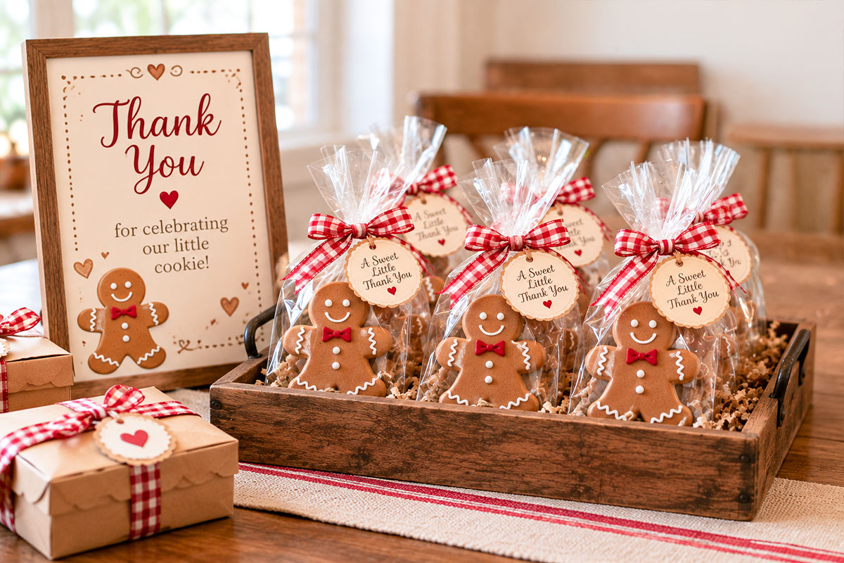 Gingerbread baby shower favors with individually wrapped gingerbread boy cookies, red gingham ribbon, thank-you tags and a rustic wooden tray beside a framed thank-you sign
