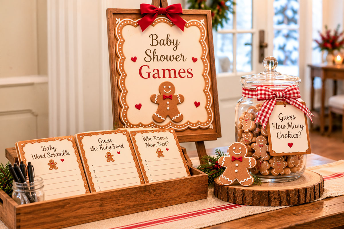 Rustic gingerbread baby shower games station with framed Baby Shower Games sign, printed guessing and prediction cards, wooden pen tray and gingerbread cookie counting jar with blue gingham ribbon