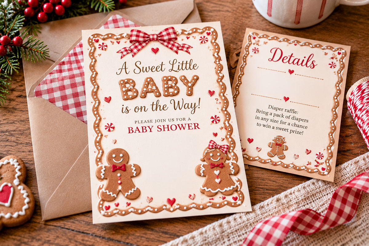 Cream gingerbread baby shower invitation reading A Sweet Little Baby Is on the Way with gingerbread cookie lettering, red gingham bow, coordinating details card and kraft envelope