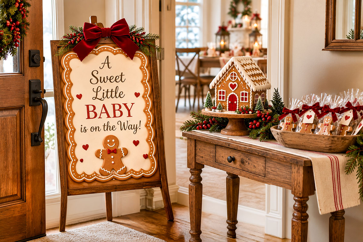 Gingerbread baby shower welcome station with large cream sign, deep red velvet bow, gingerbread house on a wooden stand and individually wrapped cookie favors