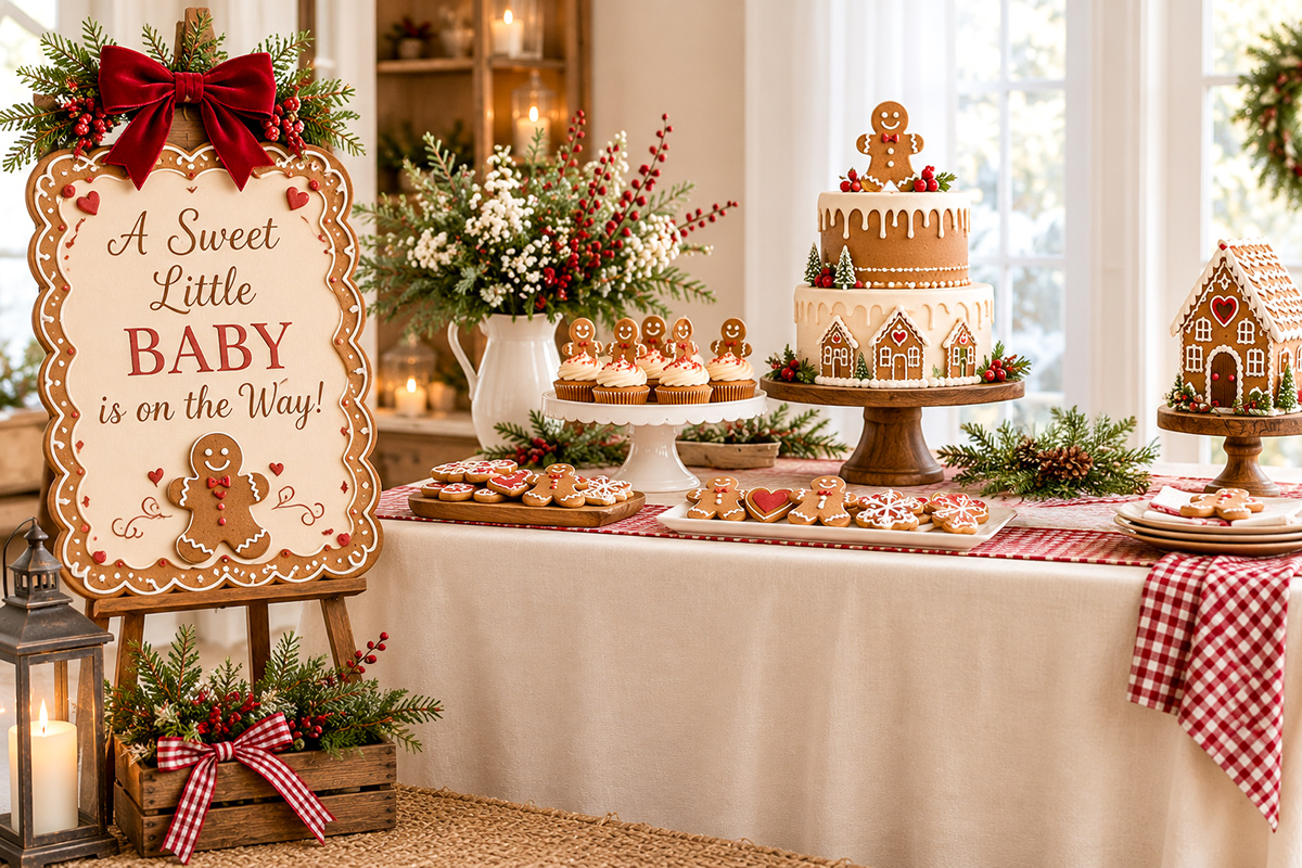 Traditional gingerbread baby shower decorations with a sweet baby welcome sign, gingerbread houses, cream icing details, red bows and a beautifully styled dessert table
