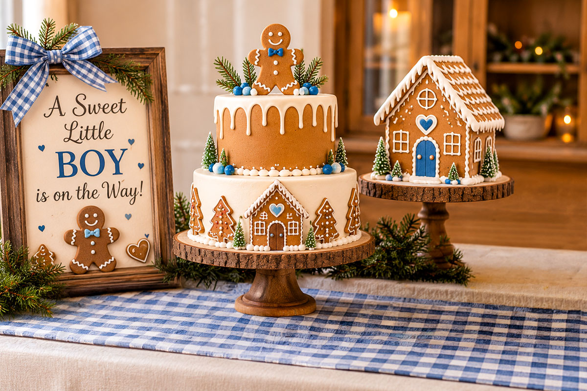 Rustic gingerbread boy baby shower welcome display with a blue and cream sign, gingerbread boys wearing blue bow ties under a glass cover, wooden stand and lantern