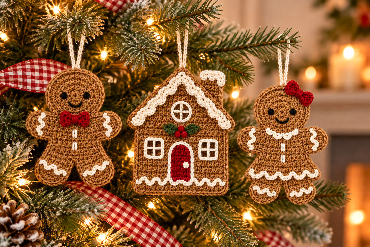 Gingerbread man, gingerbread girl and gingerbread house crochet ornaments hanging on a Christmas tree with crocheted yarn loops