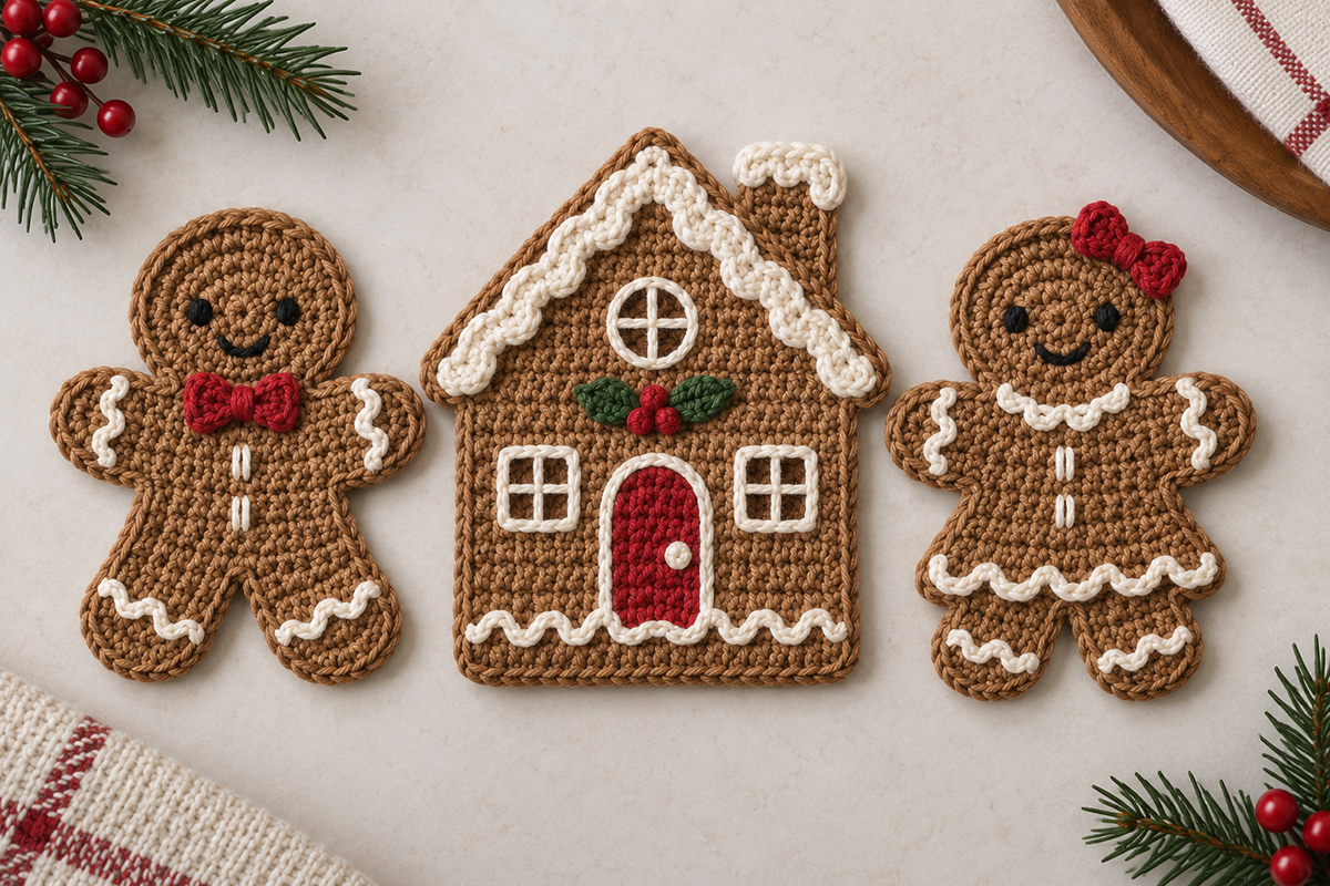 Finished gingerbread crochet applique pattern set with gingerbread man woman and house in brown cream and red