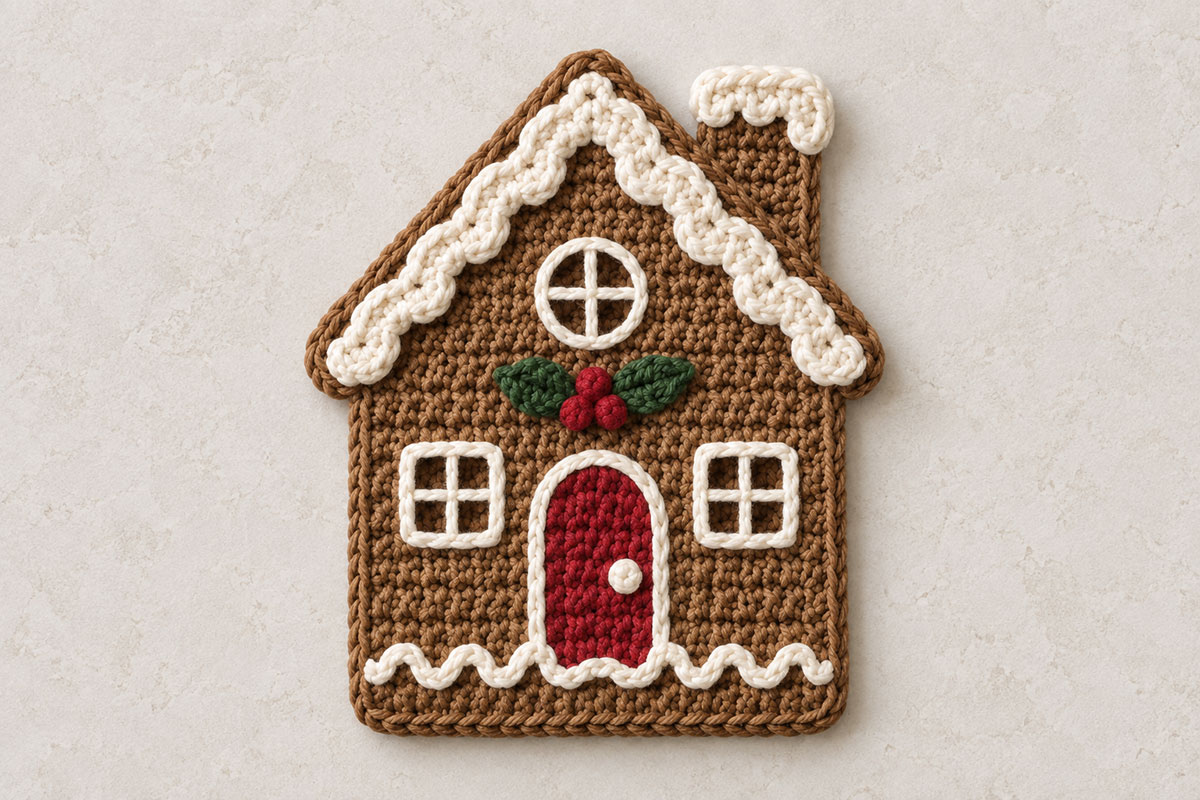 Close view of a flat crochet gingerbread house applique with cream roof icing, red door, stitched windows and a two-leaf three-berry holly cluster