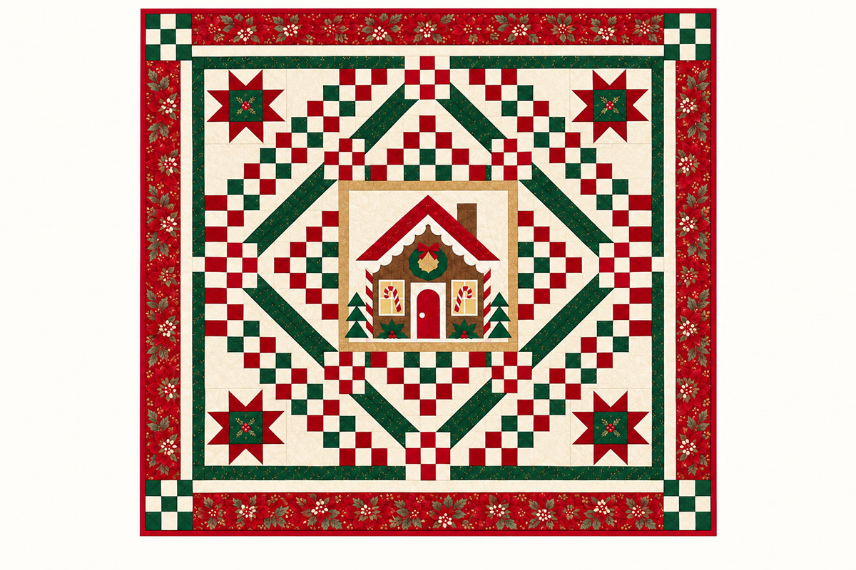 Flat construction diagram of the 68-inch gingerbread house quilt with four corner stars cranberry and evergreen diagonal chains and interrupted green diamond framing