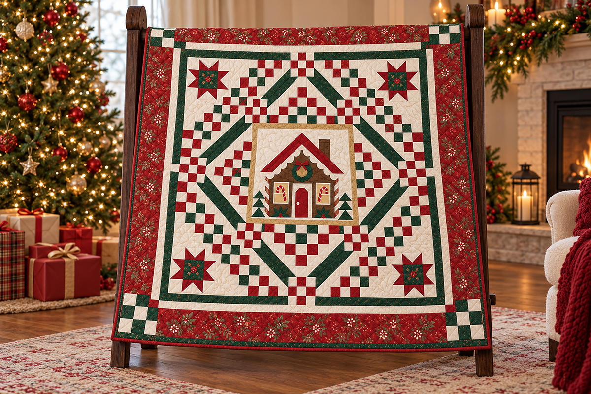 Free Christmas quilt patterns collection featuring a gingerbread house quilt with cranberry and evergreen patchwork four Christmas stars and traditional holiday borders