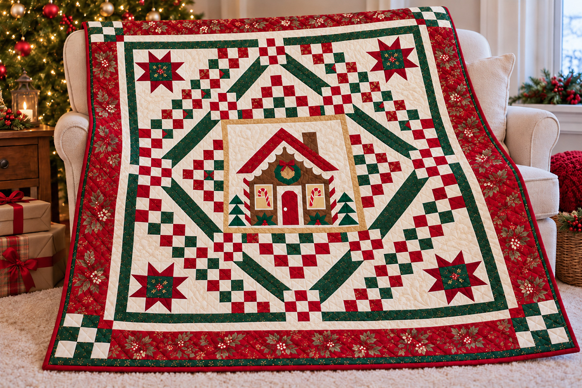 Christmas gingerbread house quilt with cranberry and evergreen Irish-chain-style patchwork four corner stars interrupted diamond framing floral borders and candy cane windows