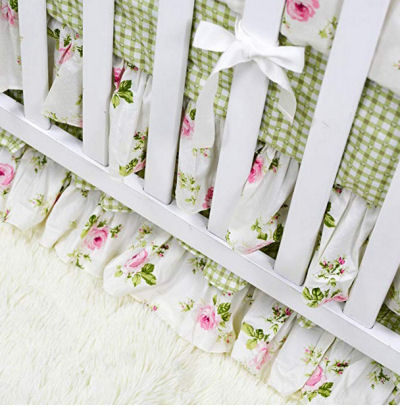 Granny Smith apple green gingham checks baby crib nursery bedding set with roses and bows for a baby girl nursery room.