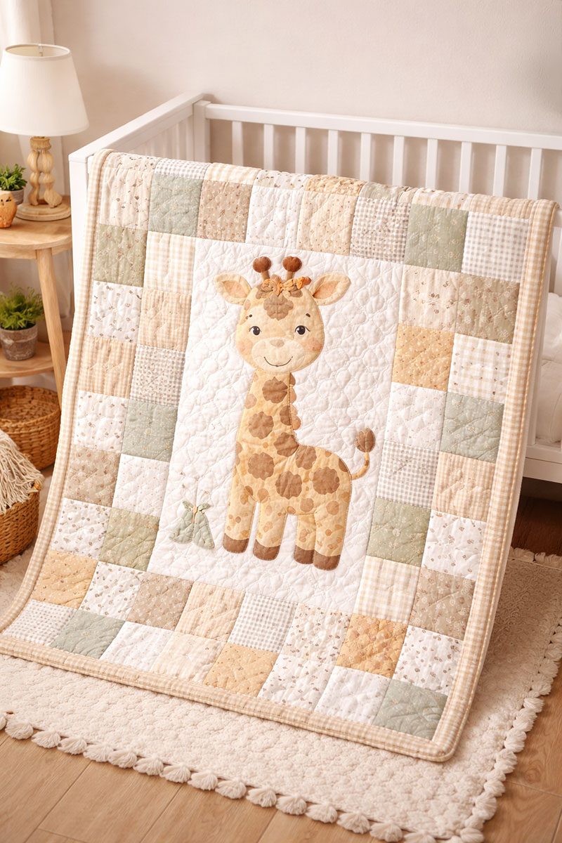 Giraffe patchwork baby crib quilt featuring soft neutral fabrics and a simple beginner-friendly design