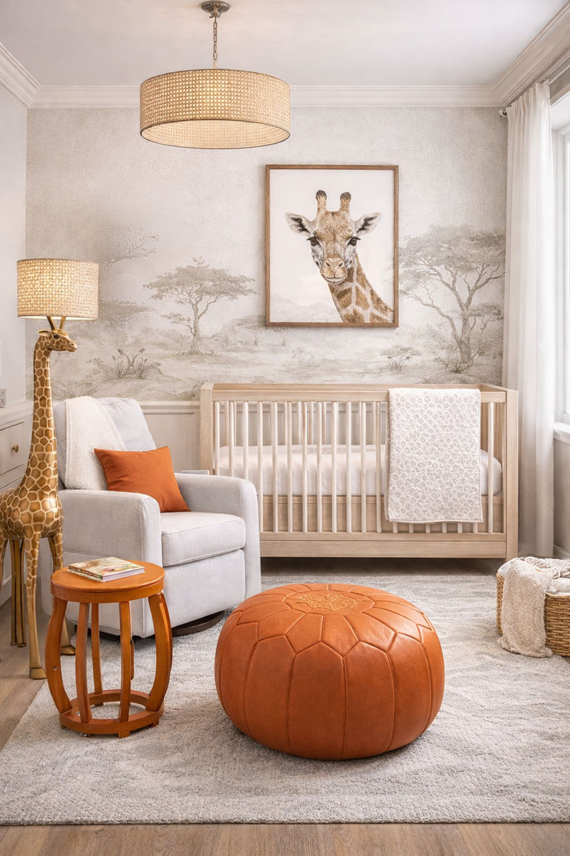 Neutral giraffe theme baby nursery with warm Moroccan pouf ottoman and accent table